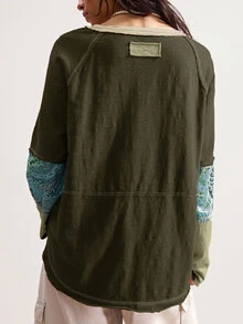 Bohemela Autumn/Winter BOHO Vacation Casual Patchwork Long Sleeve Loose Washed Women Graphic T-Shirt - Green - View 6