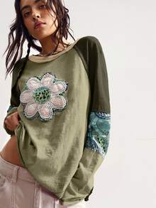 Bohemela Autumn/Winter BOHO Vacation Casual Patchwork Long Sleeve Loose Washed Women Graphic T-Shirt - Green - View 4