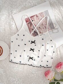 SHEIN 心形印花生菜边饰蝴蝶结前吊带睡衣上衣 - 黑與白 - 查看 3