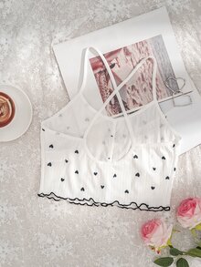 SHEIN 心形印花生菜边饰蝴蝶结前吊带睡衣上衣 - 黑與白 - 查看 4