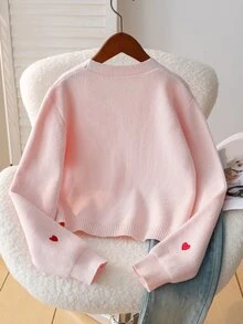 SHEIN 8-12歲女孩淺粉色V領短版針織開襟衫，紅色愛心刺繡，前綁帶蝴蝶結，長袖外套，溫柔甜美春/秋季針織外衣 - 粉色 - 查看 2