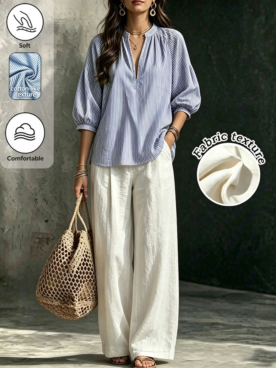 Linhara CURVE Plus Notched Neckline Lantern Sleeve Top & Wide Leg Pants - Khaki - View 1