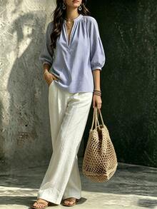 Linhara CURVE Plus Notched Neckline Lantern Sleeve Top & Wide Leg Pants - Khaki - View 3