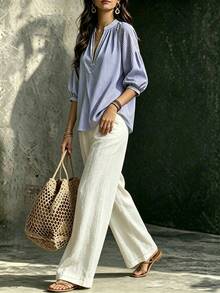Linhara CURVE Plus Notched Neckline Lantern Sleeve Top & Wide Leg Pants - Khaki - View 4