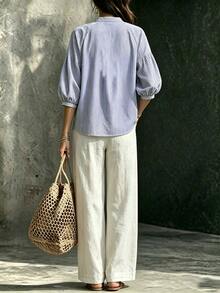 Linhara CURVE Plus Notched Neckline Lantern Sleeve Top & Wide Leg Pants - Khaki - View 2