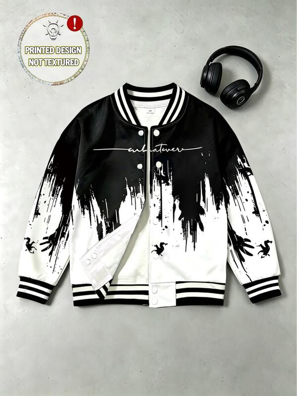 Long Sleeve Four-Button Baseball Jacket, High-Quality Fashion Digital Print, Suitable For Boys Autumn Wear, Comfortable Minimalist Casual Street Daily Style