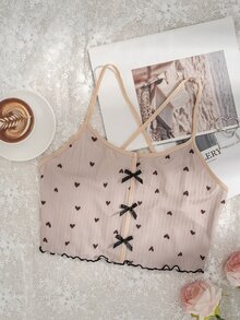 SHEIN 心形印花生菜边饰蝴蝶结前吊带睡衣上衣 - 杏色 - 查看 3