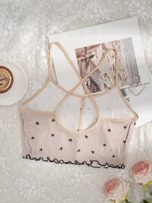 SHEIN 心形印花生菜边饰蝴蝶结前吊带睡衣上衣 - 杏色 - 查看 4