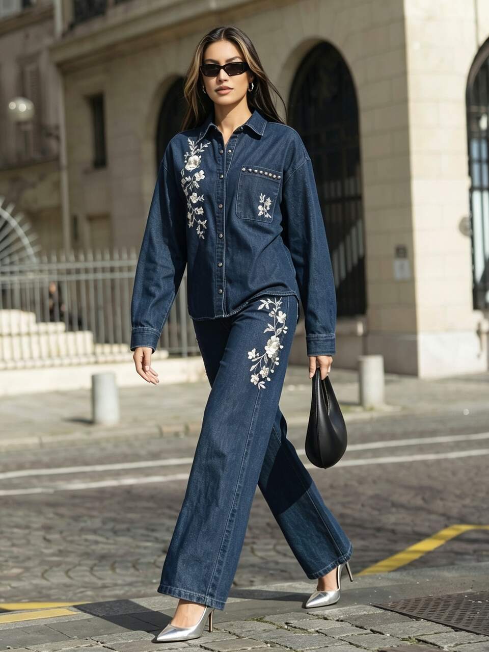 Women's Modern Elegant Heavy Embroidery & Beaded Loose Fit Denim Shirt