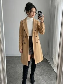 SHEIN 青少年女孩秋冬休閒優雅復古學院風卡其色羊毛雙排扣口袋大衣，Y2K年輕時尚穿搭，適合返校季、秋冬街頭穿搭、日常穿著 - 卡其色 - 查看 4