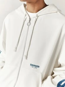 SUMWON New York Oversized Full-Zip Waffle Knit Hoodie With Blue Flame Sleeve Print And Ring Zipper Pull - Apricot - View 5