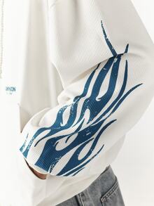 SUMWON New York Oversized Full-Zip Waffle Knit Hoodie With Blue Flame Sleeve Print And Ring Zipper Pull - Apricot - View 2