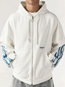 SUMWON New York Oversized Full-Zip Waffle Knit Hoodie With Blue Flame Sleeve Print And Ring Zipper Pull - Apricot - View 1