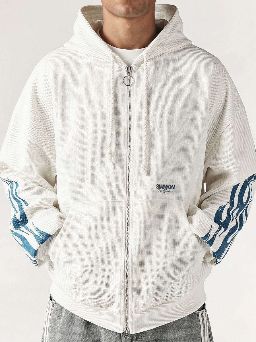 SUMWON New York Oversized Full-Zip Waffle Knit Hoodie With Blue Flame Sleeve Print And Ring Zipper Pull - Apricot - View 1