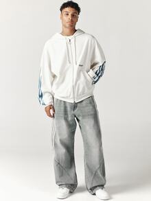 SUMWON New York Oversized Full-Zip Waffle Knit Hoodie With Blue Flame Sleeve Print And Ring Zipper Pull - Apricot - View 6