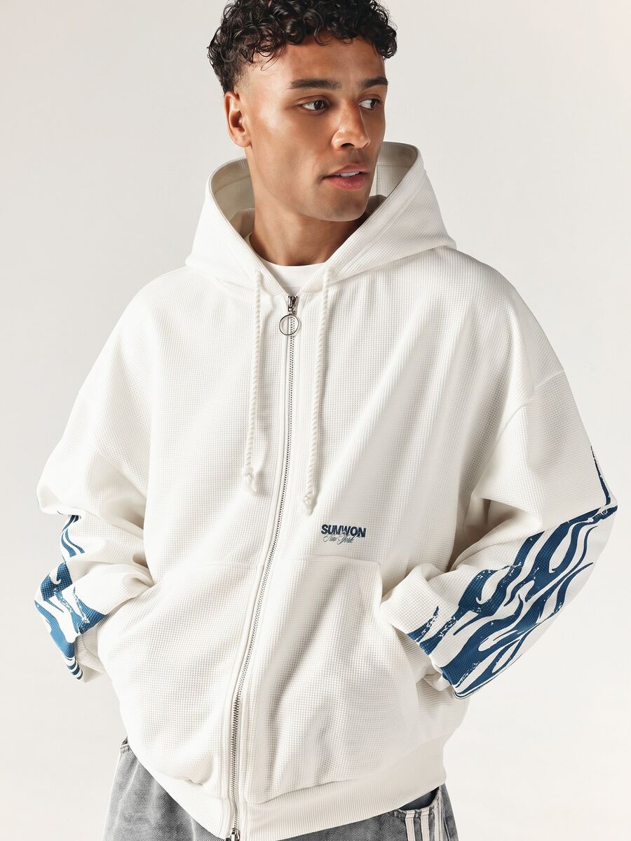 SUMWON New York Oversized Full-Zip Waffle Knit Hoodie With Blue Flame Sleeve Print And Ring Zipper Pull - Apricot - View 1