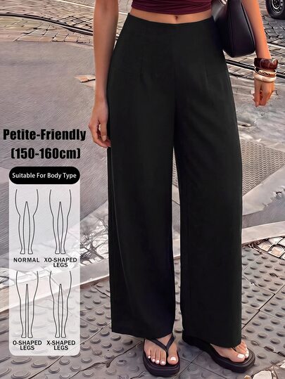 Sinnesro Women's Simple Elegant Casual Fashion Back-To-School Season Old Money Commuting Office High-Waist Texture Wide-Leg Trousers,Petite Women Black Autumn