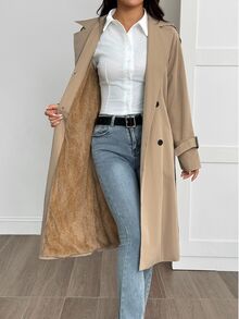 Sinnesro 女款卡其色休閒開襟裝飾學院風風衣 秋季 - 卡其色 - 查看 15