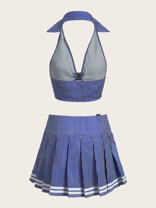 SHEIN X KeniaOs SHEIN ICON 条纹印花露背吊带上衣和百褶裙 - 藍色 - 查看 6