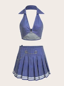 SHEIN X KeniaOs SHEIN ICON 条纹印花露背吊带上衣和百褶裙 - 藍色 - 查看 5