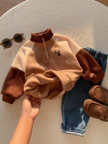 SHEIN 男嬰字母印花拉鍊半開襟衛衣與口袋牛仔褲套裝 - 彩色 - 查看 9
