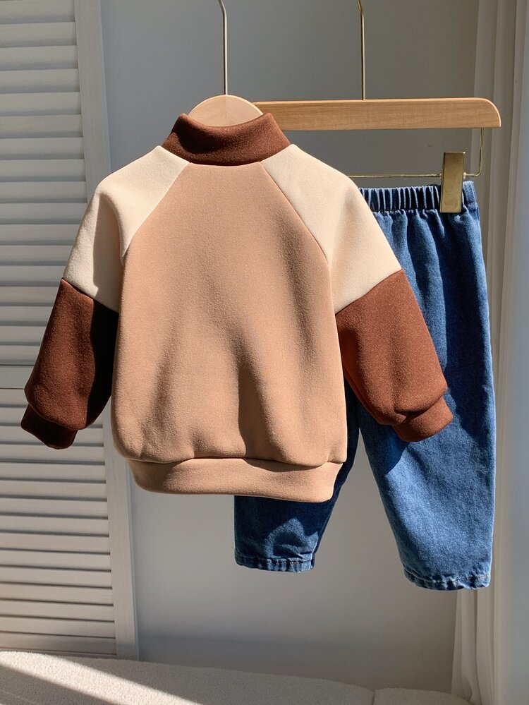 SHEIN Baby Boy Letter Print Zip-Up Half-Placket Sweatshirt And Pocket Denim Pants Set - Multicolor - View 2