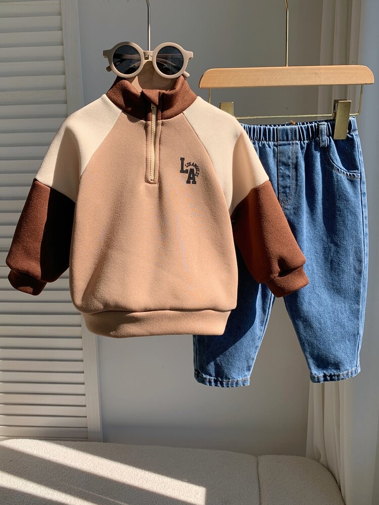 SHEIN Baby Boy Letter Print Zip-Up Half-Placket Sweatshirt And Pocket Denim Pants Set - Multicolor - View 4