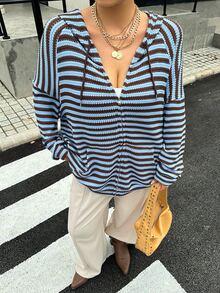 Muchica 大尺碼女款條紋拼接抽繩連帽休閒日常長袖衛衣 秋季 - 彩色 - 查看 4