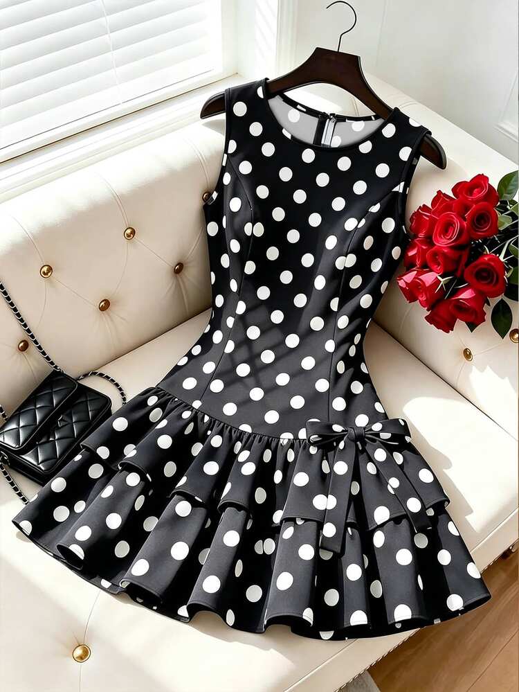 Selianne Women's Polka Dot Pattern Ruffle Hem Sleeveless Elegant Dress - Black - View 1