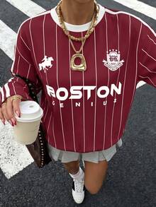 Muchica 女款秋冬休閒酒紅色圓領長袖上衣，對比白色領口與條紋袖子，馬印花增添復古、學院風、經典、時尚、青春與街頭風格，面料光滑舒適，秋季理想之選 - 彩色 - 查看 5