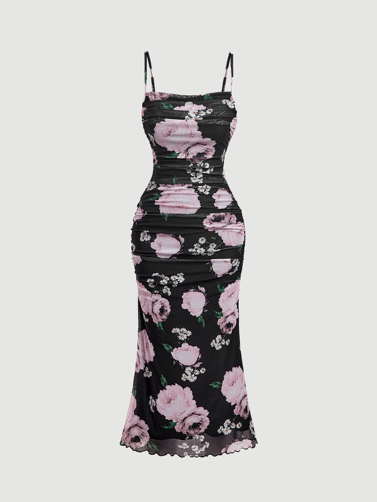 SHEIN MOD Black And Pink Background Floral Print Ruched Midi Dress Vacation Date Summer Romantic Elegant - Multicolor - View 3