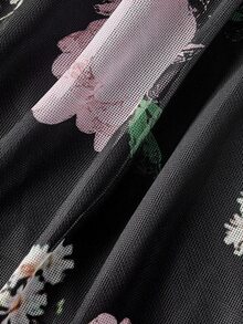 SHEIN MOD 黑色與粉色背景花卉印花抓皺中長洋裝 度假約會夏季浪漫優雅 - 彩色 - 查看 7