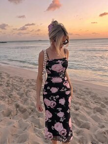 SHEIN MOD 黑色與粉色背景花卉印花抓皺中長洋裝 度假約會夏季浪漫優雅 - 彩色 - 查看 4
