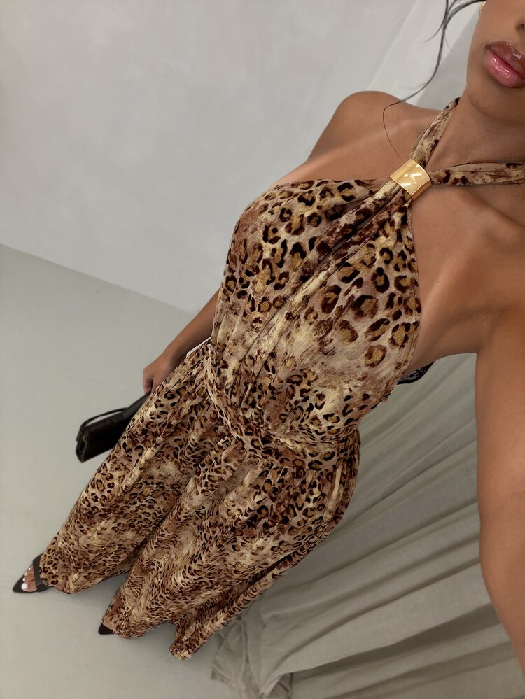 SHEIN Glamour 女款豹紋撞色蕾絲掛脖金屬飾品連身褲 - 棕色 - 查看 1