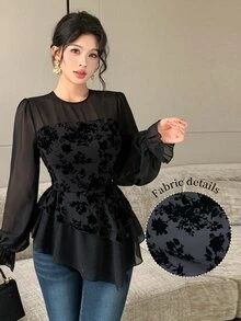 Modelyn Flocked Bandeau 2 In 1 Round Neck Lantern Sleeve Chiffon Blouse With Asymmetrical Ruffle Hem Dinner Going Out Black Floral Autumn Romantic Elegant - Black - View 11