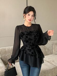 Modelyn Flocked Bandeau 2 In 1 Round Neck Lantern Sleeve Chiffon Blouse With Asymmetrical Ruffle Hem Dinner Going Out Black Floral Autumn Romantic Elegant - Black - View 10