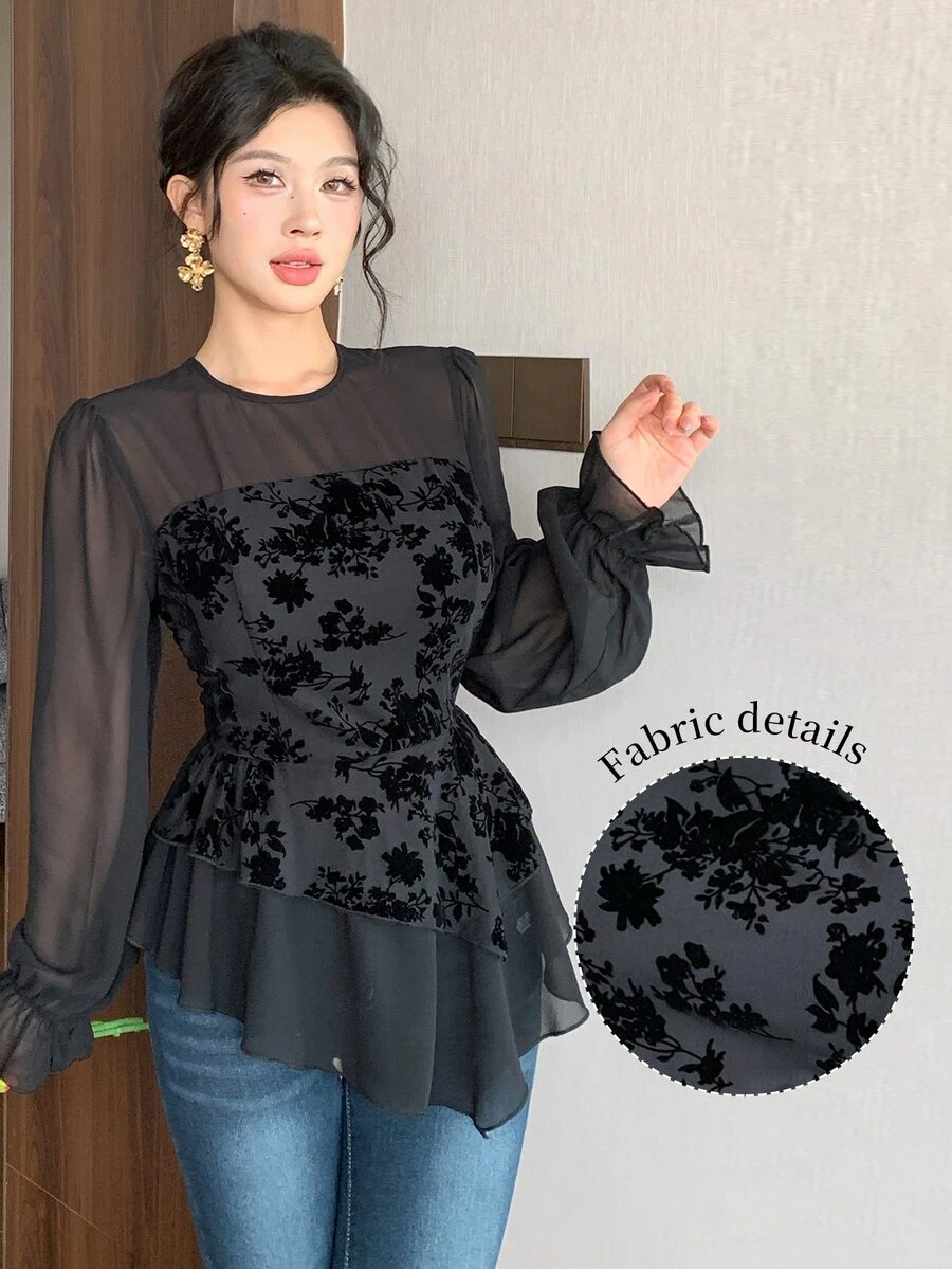 Modelyn Flocked Bandeau 2 In 1 Round Neck Lantern Sleeve Chiffon Blouse With Asymmetrical Ruffle Hem Dinner Going Out Black Floral Autumn Romantic Elegant