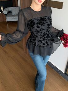 Modelyn Flocked Bandeau 2 In 1 Round Neck Lantern Sleeve Chiffon Blouse With Asymmetrical Ruffle Hem Dinner Going Out Black Floral Autumn Romantic Elegant - Black - View 7
