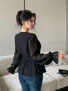 Modelyn Flocked Bandeau 2 In 1 Round Neck Lantern Sleeve Chiffon Blouse With Asymmetrical Ruffle Hem Dinner Going Out Black Floral Autumn Romantic Elegant - Black - View 3