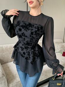 Modelyn Flocked Bandeau 2 In 1 Round Neck Lantern Sleeve Chiffon Blouse With Asymmetrical Ruffle Hem Dinner Going Out Black Floral Autumn Romantic Elegant - Black - View 4