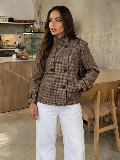 Firerie Women's Autumn/Winter Casual Daily Streetwear Versatile Commute Fashion New High Neck Double-Breasted Plaid Pocket Short Trench Coat Jacket