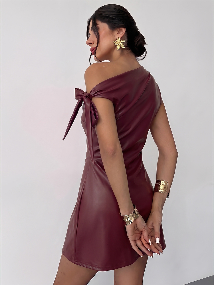 Firerie Women's New Autumn Floral Asymmetric Shoulder Sexy Elegant Vacation Mini Dress Mesh Asymmetrical Neckline Spring Clothing Beach Club Night Out Outfit - Burgundy - View 5