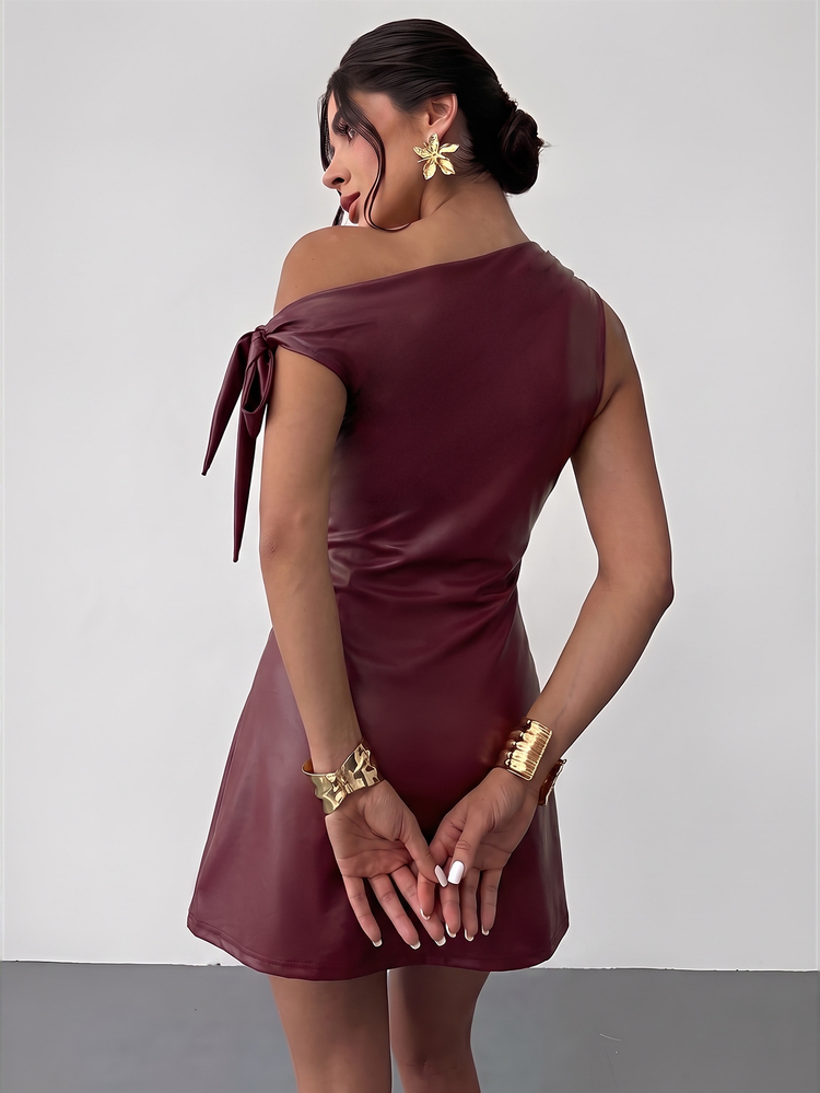 Firerie Women's New Autumn Floral Asymmetric Shoulder Sexy Elegant Vacation Mini Dress Mesh Asymmetrical Neckline Spring Clothing Beach Club Night Out Outfit - Burgundy - View 10