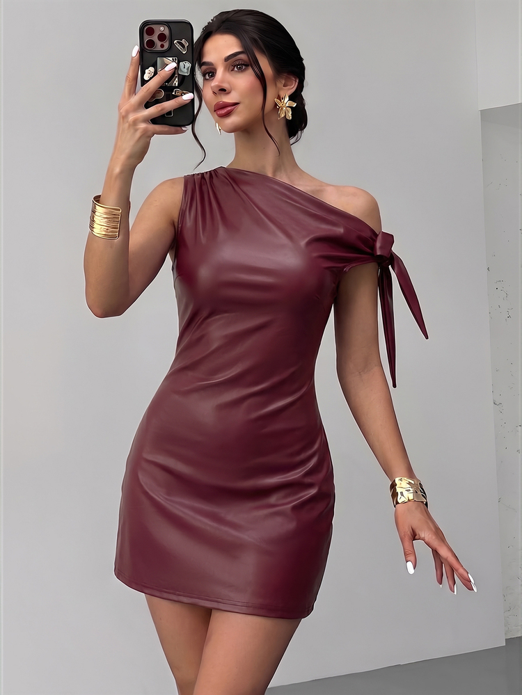 Firerie Women's New Autumn Floral Asymmetric Shoulder Sexy Elegant Vacation Mini Dress Mesh Asymmetrical Neckline Spring Clothing Beach Club Night Out Outfit - Burgundy - View 1