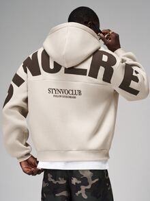 STYNVO 男士休閒字母印花連帽衛衣，秋冬款 - 杏色 - 查看 6