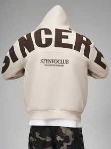 STYNVO 男士休閒字母印花連帽衛衣，秋冬款 - 杏色 - 查看 3