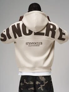 STYNVO 男士休閒字母印花連帽衛衣，秋冬款 - 杏色 - 查看 4