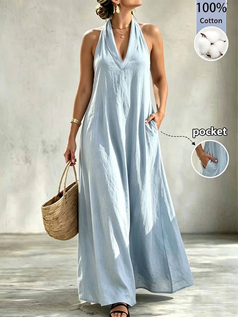 SHEIN LUNE CURVE 大码休闲纯色吊带连衣裙 - 藍色 - 查看 1