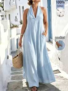 SHEIN LUNE CURVE 大码休闲纯色吊带连衣裙 - 藍色 - 查看 4