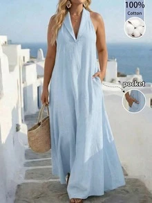 SHEIN LUNE CURVE 大码休闲纯色吊带连衣裙 - 藍色 - 查看 5